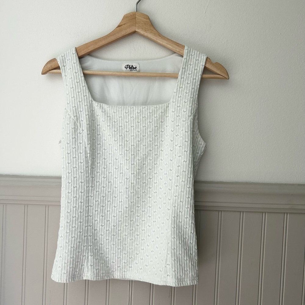 The Pulse Boutique Small Chic White Square Neck Textured Lace Overlay Tank Top